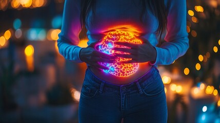 Obraz premium a woman holding her stomach, illuminated digestive system glowing in vibrant hues, emphasizing gut health and internal balance.