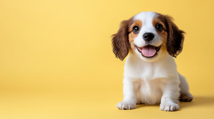 Fototapeta premium Adorable puppy with floppy ears sitting on sunny yellow background