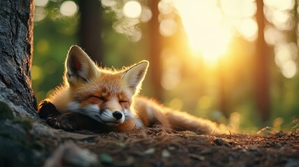 Obraz premium A serene fox sleeps soundly under the golden sunlight filtering through the trees, capturing a moment of tranquility in a beautiful forest setting.