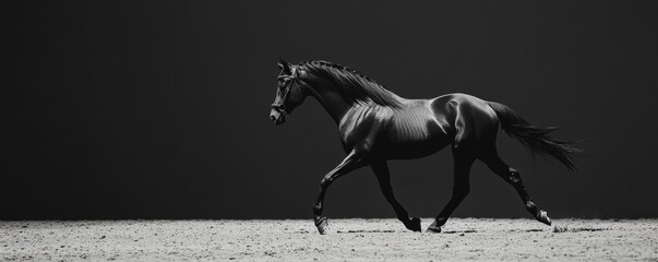 Obraz premium Powerful black stallion running across sandy terrain, muscular body moving with grace and strength