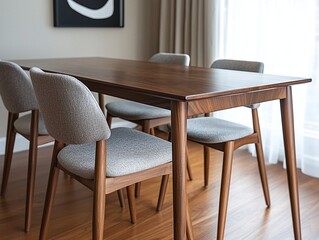 A close-up shot of a wood table in a minimalist interior dining room. Generative AI
