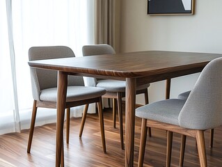 A close-up shot of a wood table in a minimalist interior dining room. Generative AI
