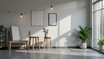 Obraz premium Indoor scene featuring two wooden stools before a pristine white wall; a wooden table rests on a gray cement floor beside them, captured in an intimate 3/4's view