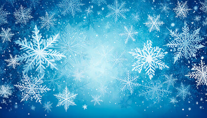 Gentle snowfall design with light blue and white snowflakes, complemented by abstract ice crystals and shimmering textures.