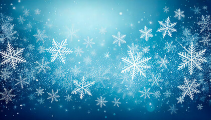 Gentle snowfall design with light blue and white snowflakes, featuring abstract ice crystals and shimmering textures.