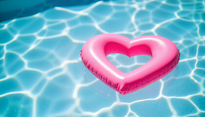 Fototapeta premium Pink heart-shaped pool float in sunny backyard, summer vibes