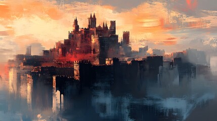 Sunset Cityscape  Majestic Castle Painting