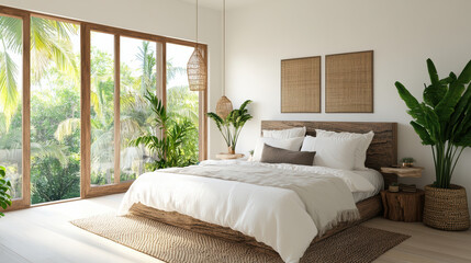 Cozy bohemian bedroom with natural light and vibrant greenery