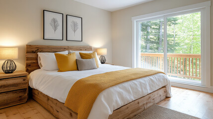 Bright and cheerful bedroom with sunny disposition and natural light