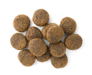 Dry pet food granules isolated on white, top view