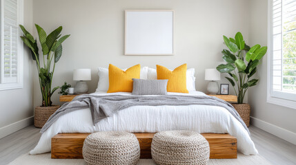 Bright bedroom with playful design, vibrant colors, and cozy decor