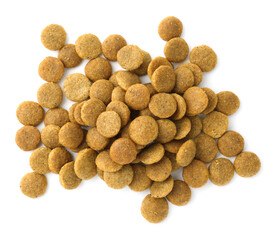 Pile of pet food isolated on white, top view