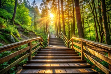 Fototapeta premium Majestic Mountain Hiking Trail: Wooden Staircase & Railings in Summer Forest