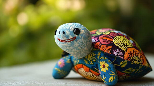 A stuffed turtle with a floral patterned shell and a smiling face