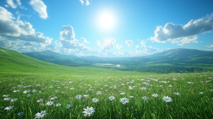 Obraz premium Sunny meadow, mountain view, daisies, idyllic landscape, travel
