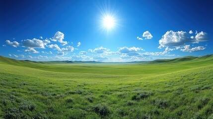 Obraz premium Sunny Prairie Landscape, Rolling Hills, Blue Sky, Clouds, Nature