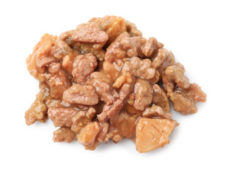 Pieces of wet pet food isolated on white, top view