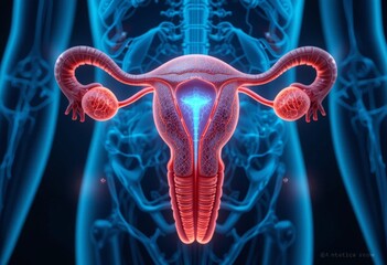 A vibrant 3D illustration of the female reproductive system in glowing colors, highlighting the uterus and ovaries. Ideal for educational purposes and medical illustrations.