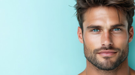 Obraz premium Confident man with striking blue eyes and tousled hair against soft background