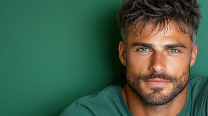 Fototapeta premium Confident man with stylish haircut and blue eyes against green background