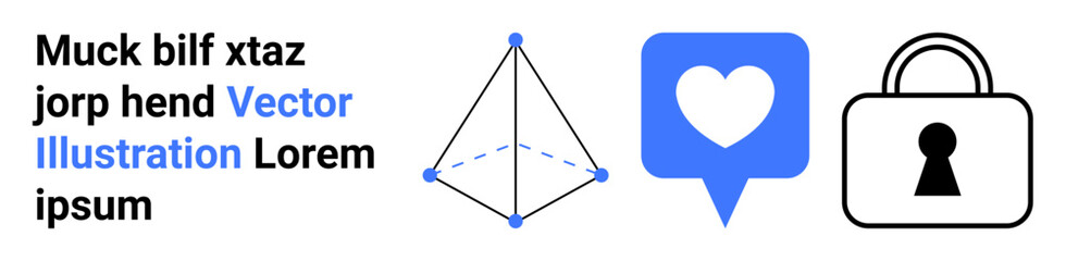Geometric shape with dashed lines, blue heart notification bubble, black lock, accompanying text. Ideal for design, digital security, social media, user interface, online communication conceptual