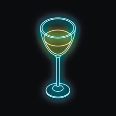 Isometric neon glass of white wine glowing on black background