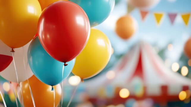 A vibrant collection of colorful balloons fills the air, setting a joyous atmosphere at a fun fair. Perfect for celebrations or party-themed projects.