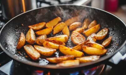 Crispy fried potato slices sizzling in a pan in a kitchen
