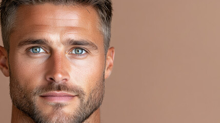 Fototapeta premium close up of man with relaxed expression and striking blue eyes