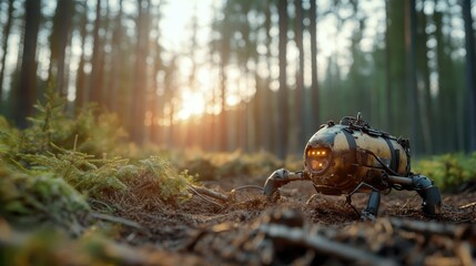 Fototapeta premium An intriguing robotic creature exploring a lush forest at sunset, showcasing an interplay of nature and technology, highlighting innovation amidst natural beauty.