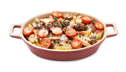 Delicious pasta casserole with cheese, tomatoes, minced meat and thyme in baking dish isolated on white