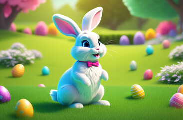 Happy Easter white rabbit on the lawn with colorful eggs. An Easter card.