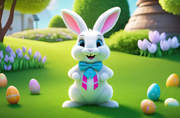 Happy Easter white rabbit on the lawn with colorful eggs. An Easter card.