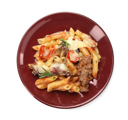 Delicious pasta casserole with cheese, tomatoes, minced meat and rosemary isolated on white, top view