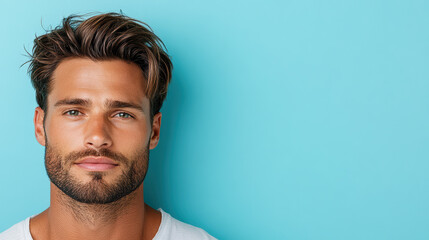 Fototapeta premium Strong jawline man with stylish hair against blue background