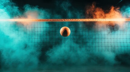 A volleyball is captured mid-air, surrounded by colorful mist and smoke, creating a surreal and artistic interpretation of the dynamic energy inherent in sports.