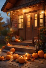 Obraz premium Autumnal landscape on a wooden house porch with several pumpkins, fallen leaves, twinkling string lights, and a warm background, porch scene, autumn leaves