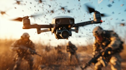 A close-up of a military drone flying through a combat zone, with soldiers in the background, emphasizing modern warfare technology and teamwork against a sunset backdrop.