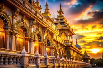 Obraz premium Majestic Palace Facade: Golden Ornate Details & Bokeh, Luxury Architecture Stock Photo