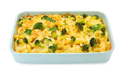 Tasty pasta casserole with cheese and broccoli in baking dish isolated on white