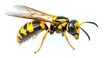 Wasp profile revealing vibrant orange legs, spread wings against pristine white backdrop, showcasing detailed anatomical features