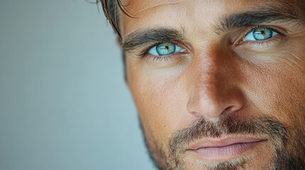 Obraz premium close up of man with thoughtful gaze and striking blue eyes