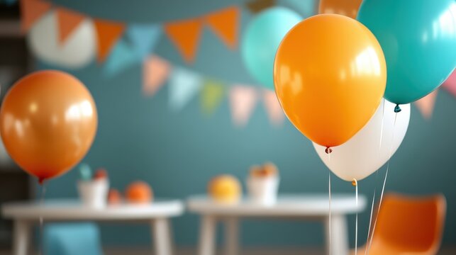 A vivid display of colorful balloons and festive banners creates a lively atmosphere, perfect for a joyful celebration or special occasion.