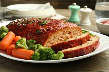 Delicious baked turkey meatloaf with vegetables served on wooden table, closeup
