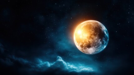 Fototapeta premium A majestic view of a detailed full moon shining brightly in the night sky, surrounded by dramatic clouds and a vivid cosmic backdrop filled with stars.