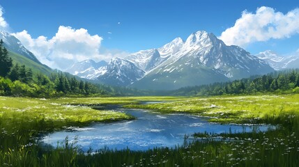 Serene Mountain Meadow Landscape  River  Flowers  Sky