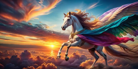 Obraz premium Majestic Pegasus Soaring Sunset: Fantasy Fashion Photography