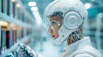 A striking cyborg woman, with intricate details, interacts with digital elements in a library, embodying the synergy of human intellect and advanced technology.