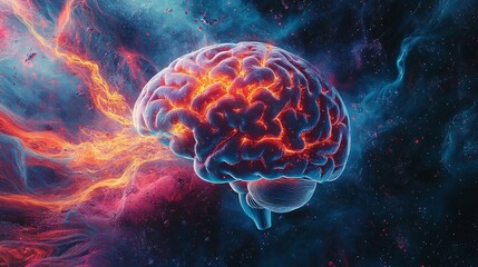 Fototapeta premium a brain linked to intestines by vibrant energy lines, emphasizing the mind-gut connection, in a modern, scientific style.