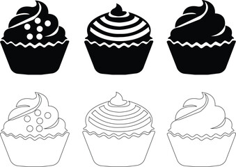 cup cake icon set.Sweet cake icon based logo design editable vector file. cup cake, slice cake, pasty, birthday cake.cake icon Design in thin line vector style. Simple Vector Illustration Logo.